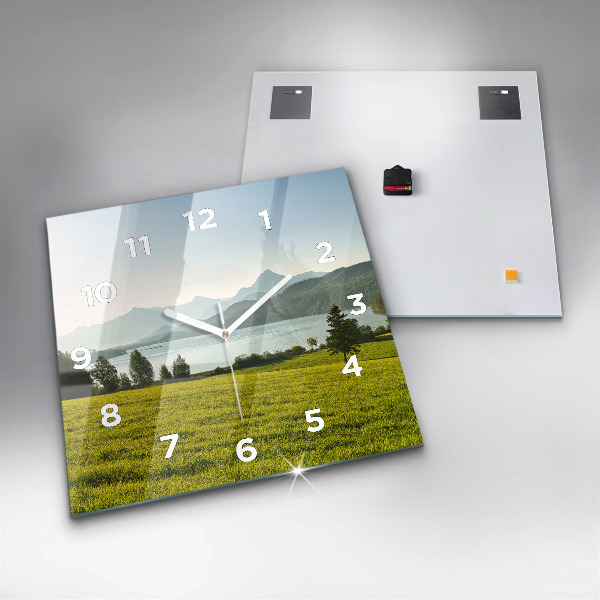 Square glass wall clock Mountains and field