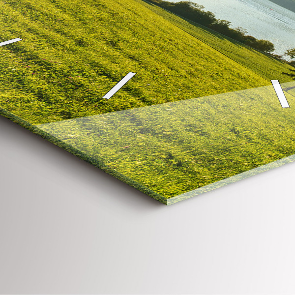 Square glass wall clock Mountains and field
