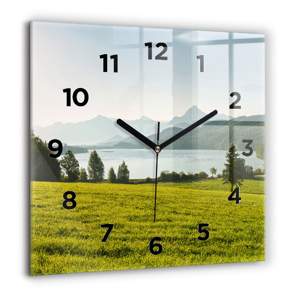 Square glass wall clock Mountains and field