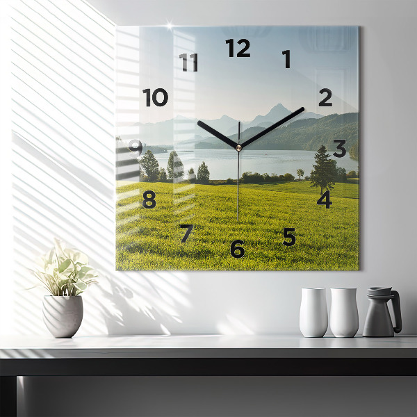Square glass wall clock Mountains and field