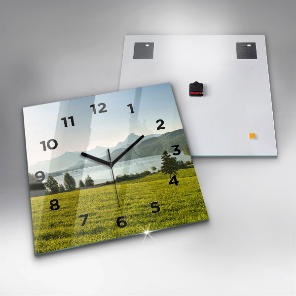 Square glass wall clock Mountains and field