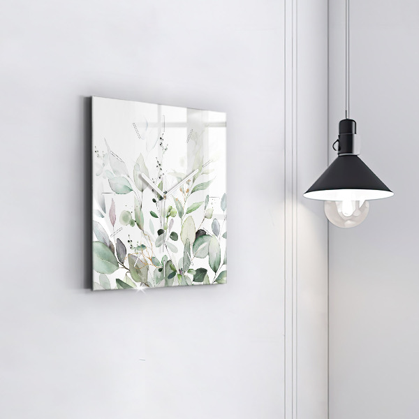 Square glass wall clock Plants leaves