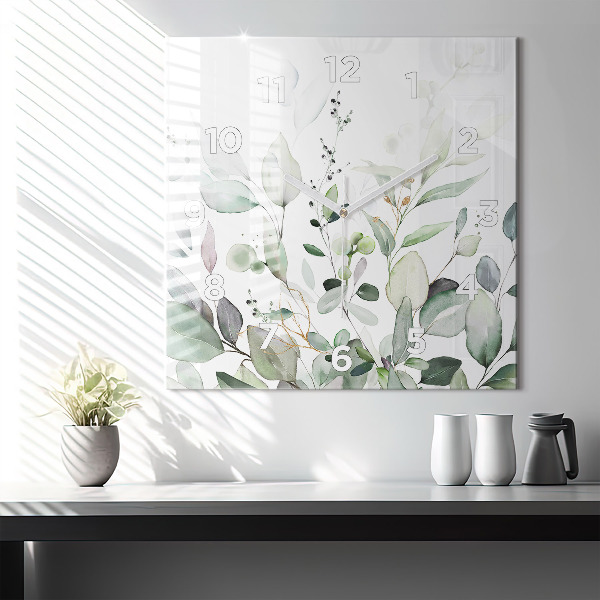 Square glass wall clock Plants leaves