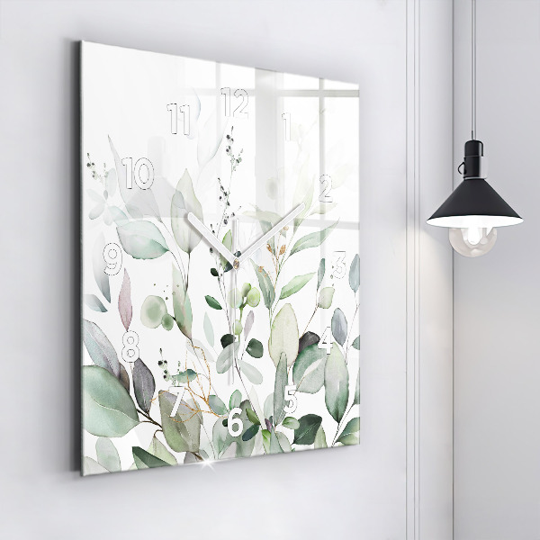 Square glass wall clock Plants leaves