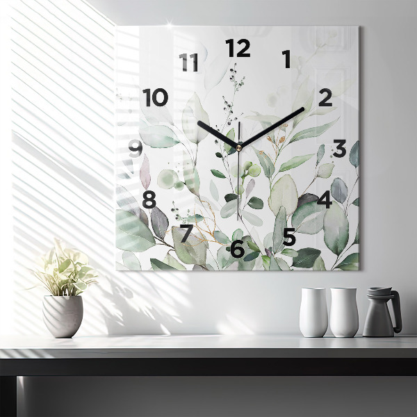 Square glass wall clock Plants leaves