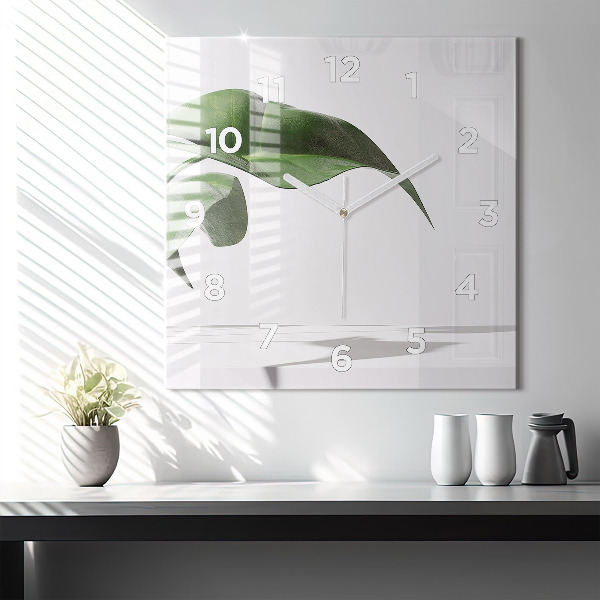 Square glass wall clock Abstract leaves