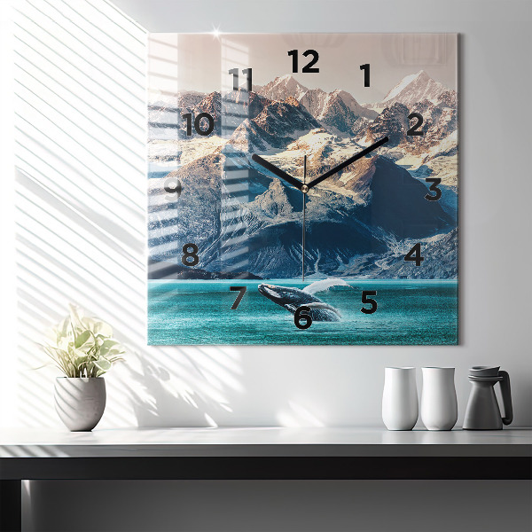 Square glass wall clock Whale water