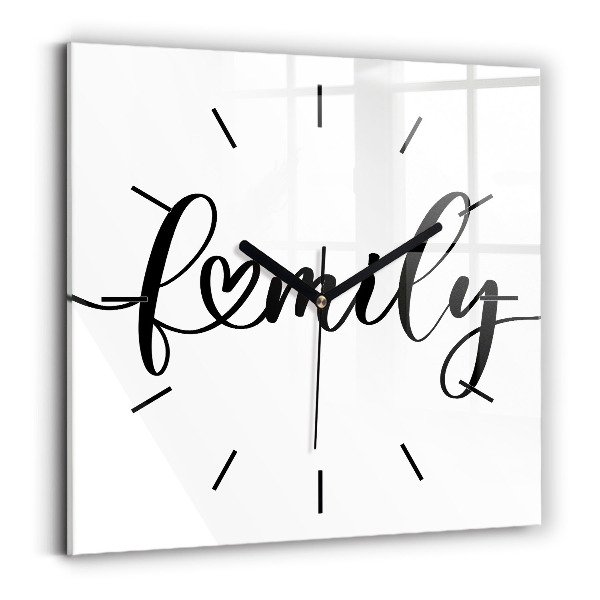 Square glass wall clock Family inscription and heart