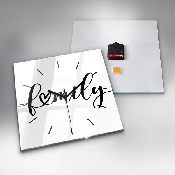 Square glass wall clock Family inscription and heart