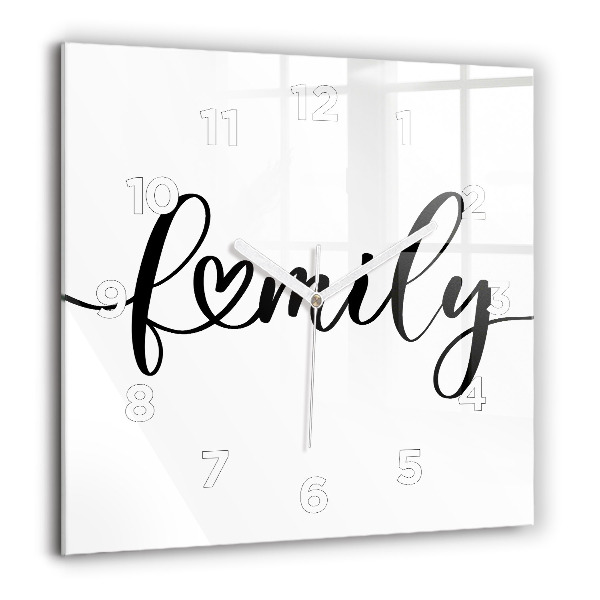 Square glass wall clock Family inscription and heart