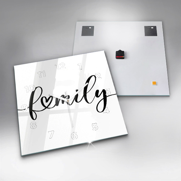 Square glass wall clock Family inscription and heart