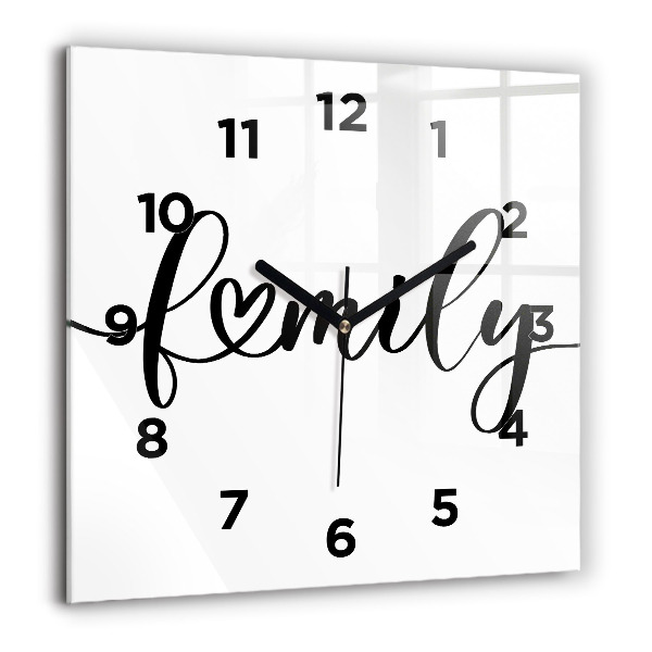 Square glass wall clock Family inscription and heart