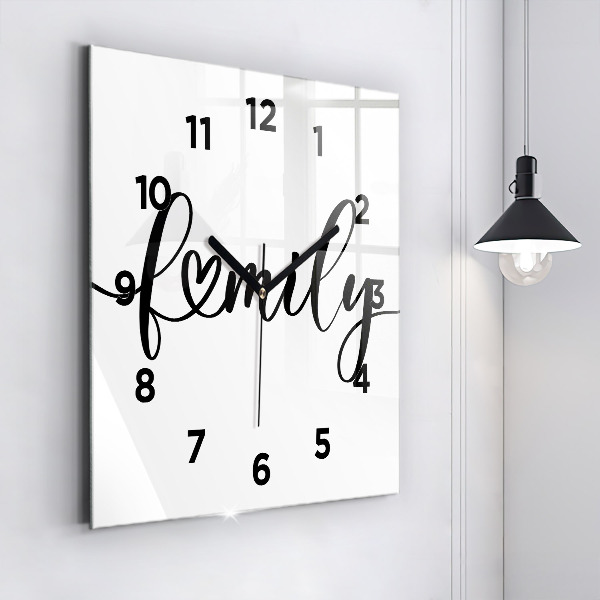 Square glass wall clock Family inscription and heart