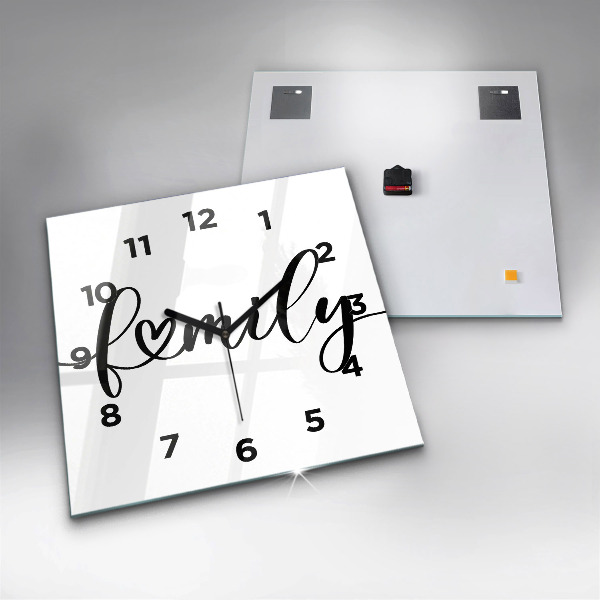 Square glass wall clock Family inscription and heart