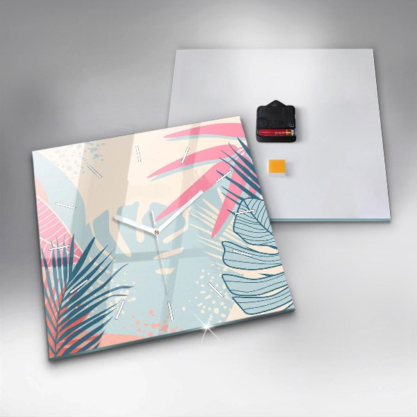 Square glass wall clock Pastel Leaves – Tropics