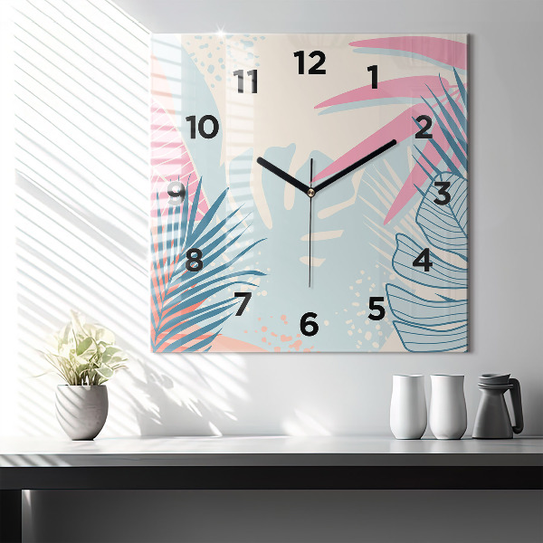 Square glass wall clock Pastel Leaves – Tropics