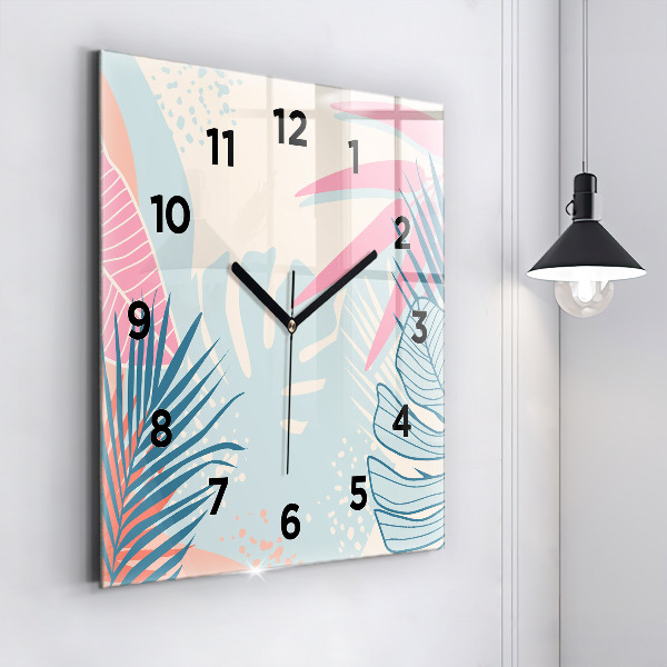 Square glass wall clock Pastel Leaves – Tropics