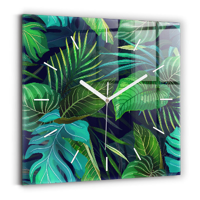 Square glass wall clock Exotic leaves