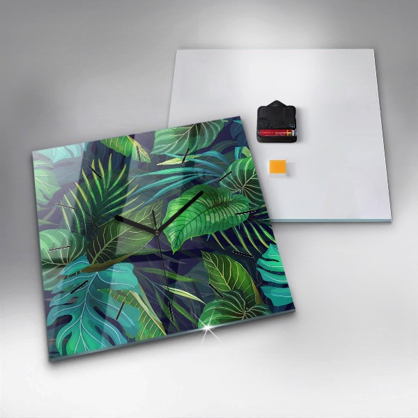 Square glass wall clock Exotic leaves