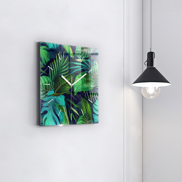 Square glass wall clock Exotic leaves