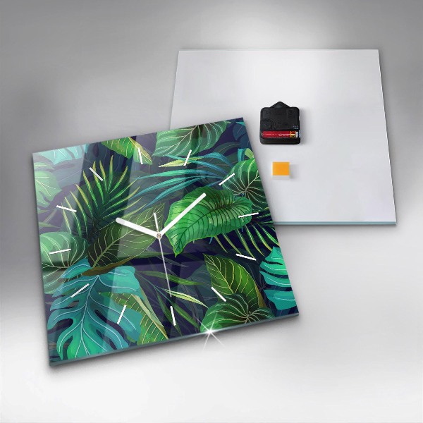 Square glass wall clock Exotic leaves