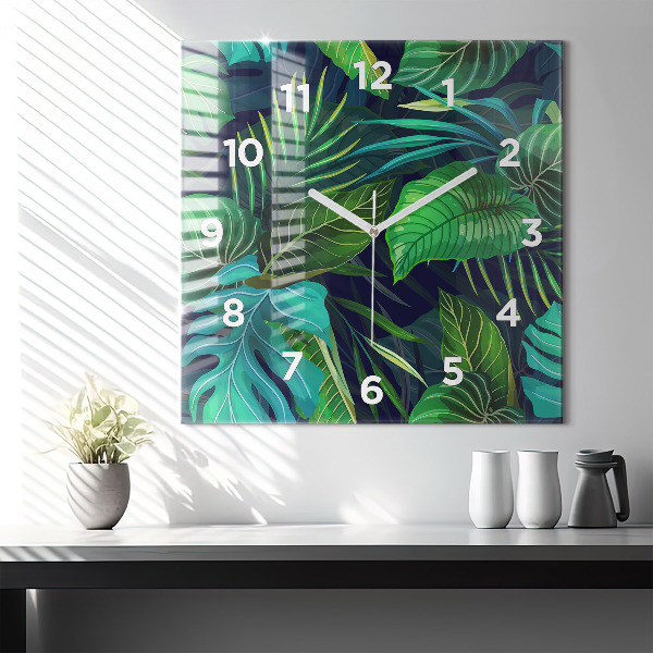 Square glass wall clock Exotic leaves