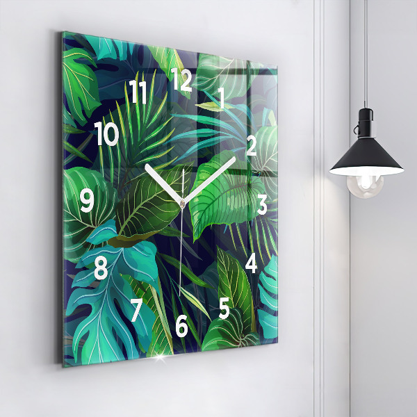 Square glass wall clock Exotic leaves