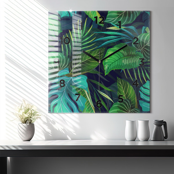 Square glass wall clock Exotic leaves
