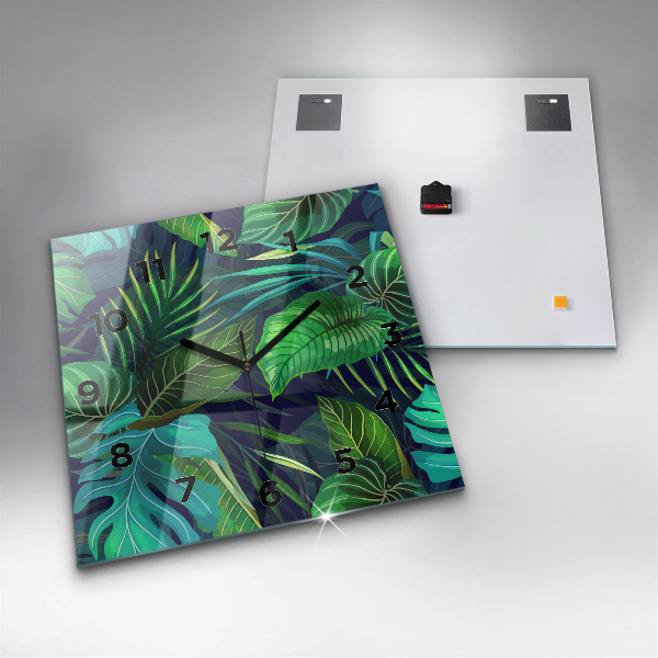 Square glass wall clock Exotic leaves