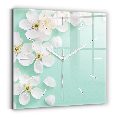 Square glass wall clock Blooming apple blossoms
