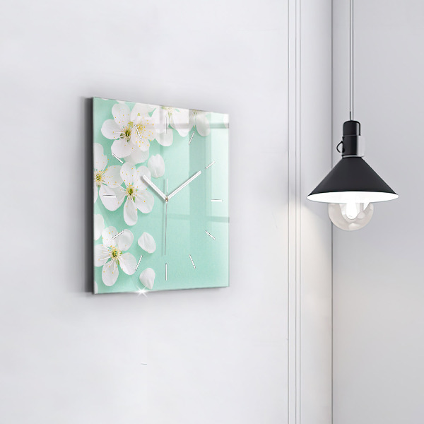 Square glass wall clock Blooming apple blossoms