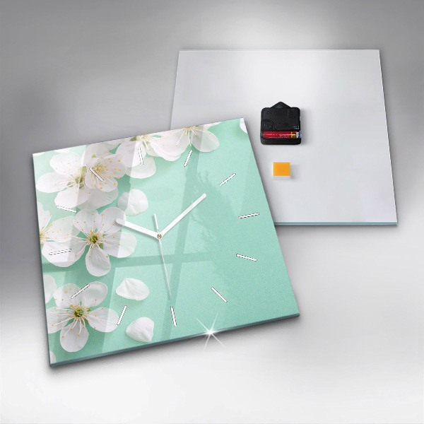 Square glass wall clock Blooming apple blossoms