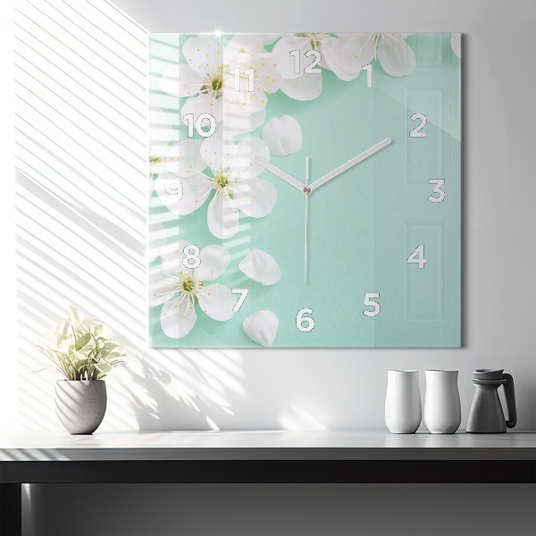Square glass wall clock Blooming apple blossoms