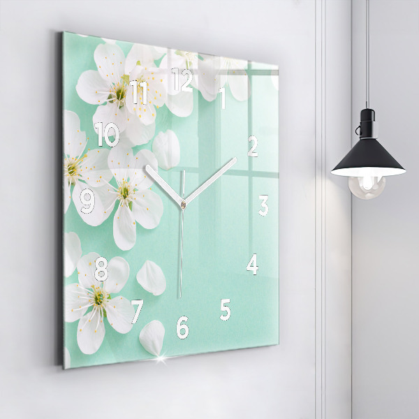 Square glass wall clock Blooming apple blossoms
