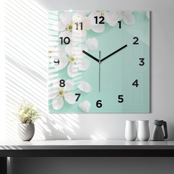 Square glass wall clock Blooming apple blossoms