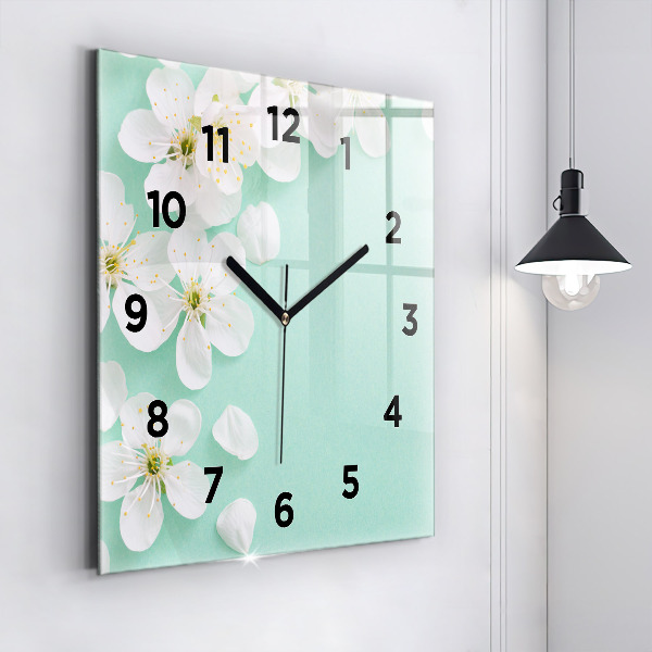 Square glass wall clock Blooming apple blossoms
