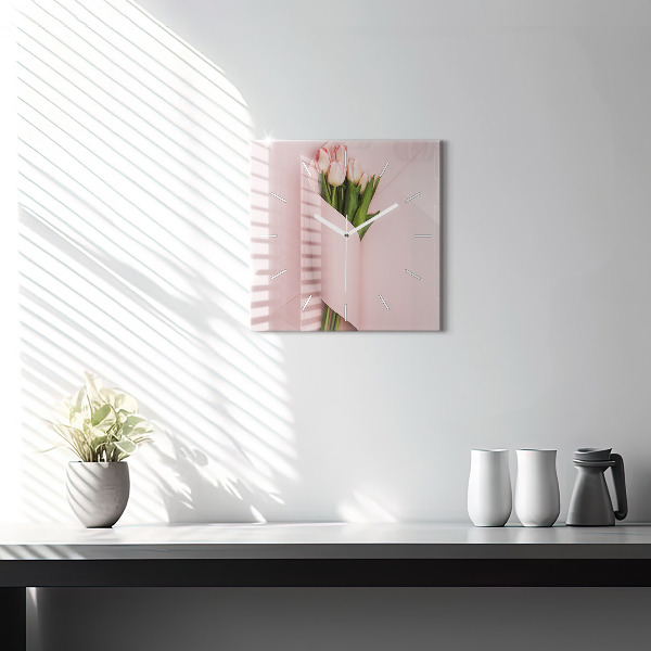 Square glass wall clock Tulip flower bouquet