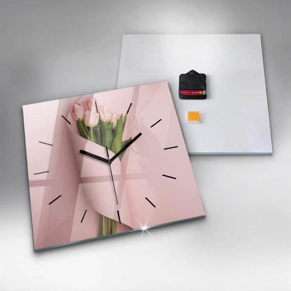Square glass wall clock Tulip flower bouquet