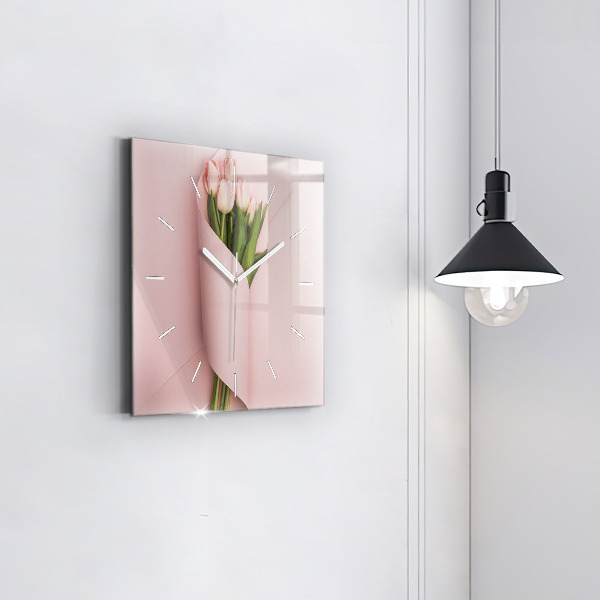 Square glass wall clock Tulip flower bouquet