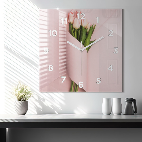 Square glass wall clock Tulip flower bouquet