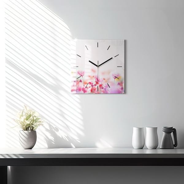 Square glass wall clock Flowers in the meadow