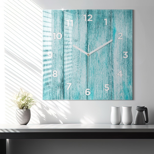 Square glass wall clock Blue old wood