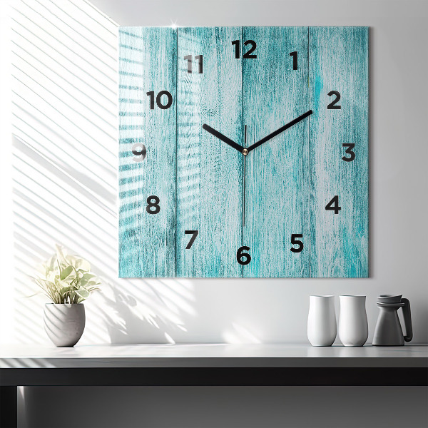 Square glass wall clock Blue old wood