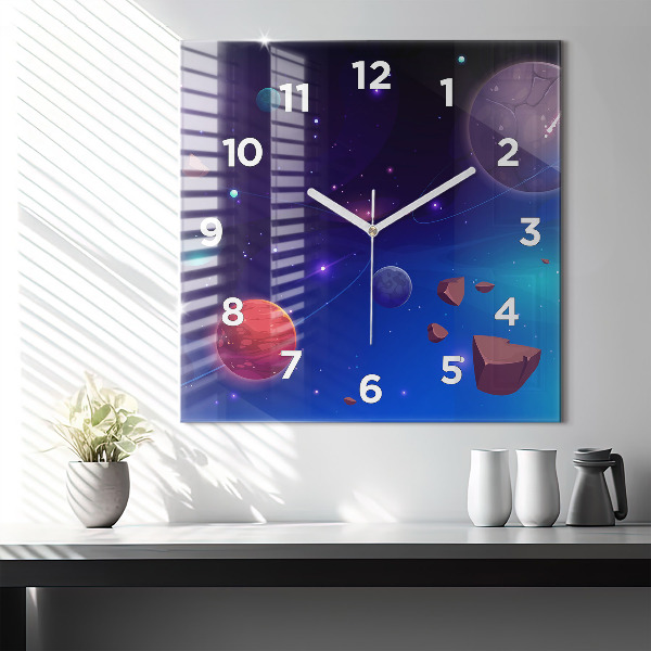 Square glass wall clock Planets galaxy