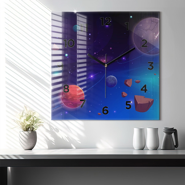 Square glass wall clock Planets galaxy