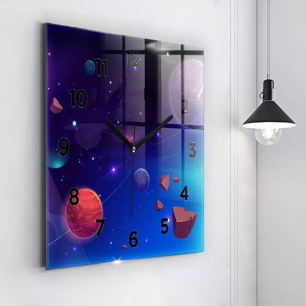 Square glass wall clock Planets galaxy