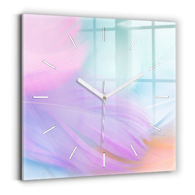 Square glass wall clock Colorful feathers