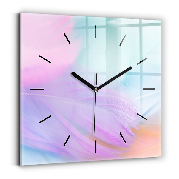 Square glass wall clock Colorful feathers