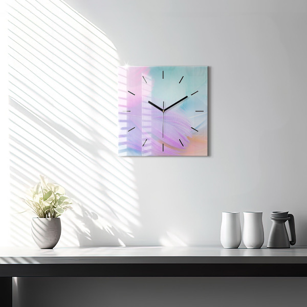 Square glass wall clock Colorful feathers