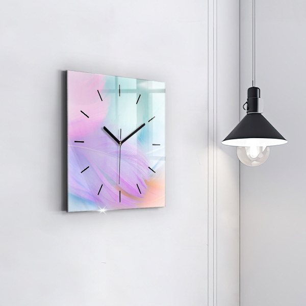Square glass wall clock Colorful feathers